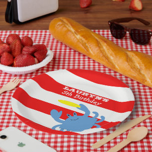 Rote blaue nautischkrabbe personalisiert pappteller