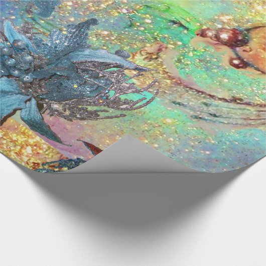 ROTE BLAUE POINSETTIAS, SCHALTFLÄCHE IN GOLDEN GLI GESCHENKPAPIER (Ecke)