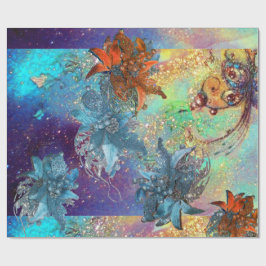 ROTE BLAUE POINSETTIAS, SCHALTFLÄCHE IN GOLDEN GLI GESCHENKPAPIER