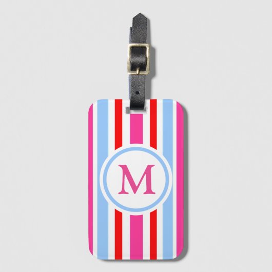 Rote Blaue Rosa Bonbonstreifen Monogramm Gepäckanhänger (Vorderseite Vertikal)