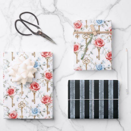 Rote Blaue Rosen Schlüssel Junggesellinnenabschied Geschenkpapier Set (Vorderseite)