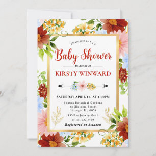 Rote, blaue und gelbe Blumen-Baby-Party Einladung