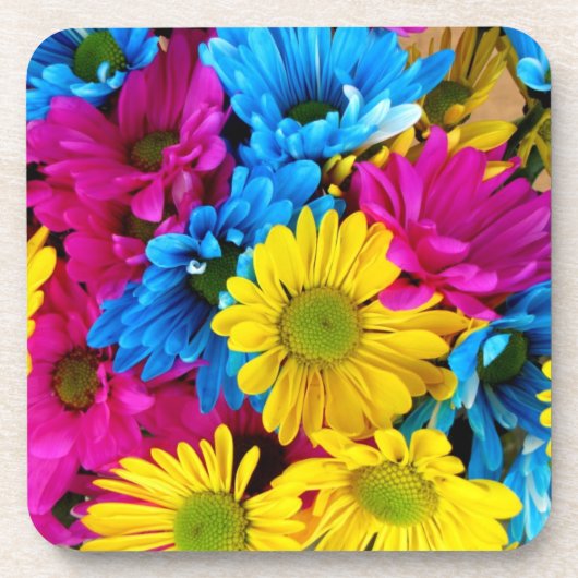 rote, blaue und gelbe Gänseblümchen quadratischer Getränkeuntersetzer (Vorderseite)