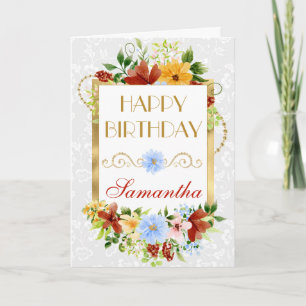 Rote, blaue und gelbe Sommerblumen goldene Geburts Karte