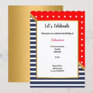 ROTE BLAUE WHITE GOLD STARS & STRIPES GEBURTSTAG EINLADUNG