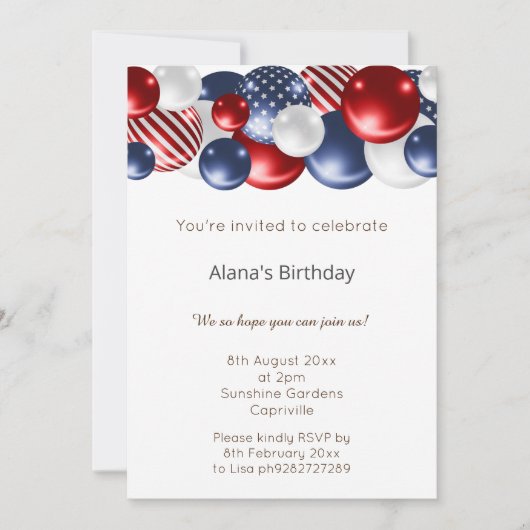 ROTE BLAUE WHITE PATRIOTIC BALLOON BIRTHDAY EINLADUNG (Vorderseite)