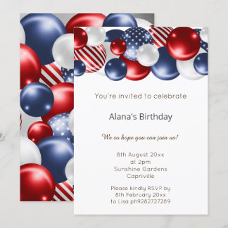 ROTE BLUE PATRIOTISCHE SILBER 2 BALLOON BIRTHDAY EINLADUNG