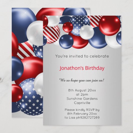 ROTE BLUE SILVER PATRIOTISCHE BALLOON-EINLADUNG EINLADUNG (Vorne/Hinten)
