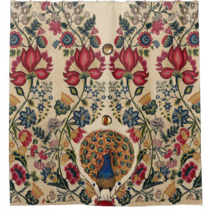 ROTE BLUE YELLOW BLUMEN UND PEACOCK Antike Blumen Duschvorhang