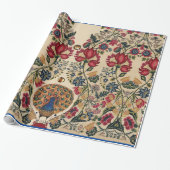 ROTE BLUE YELLOW BLUMEN UND PEACOCK Antike Blumen Geschenkpapier (Ungerollt)