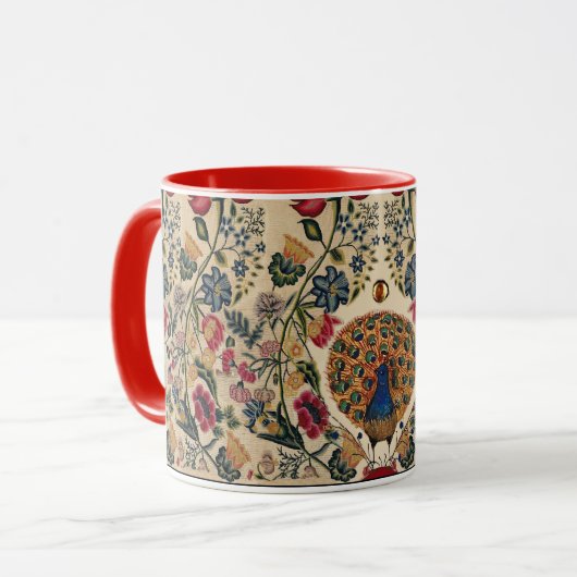 ROTE BLUE YELLOW BLUMEN UND PEACOCK Antike Blumen Tasse (Vorderseite Links)