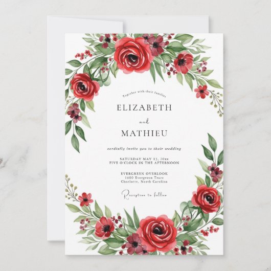 Rote blühende Romantik-Hochzeit Einladung (Vorderseite)
