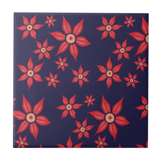 Rote Blume auf der Blue Keramik Tile Fliese (Vorderseite)