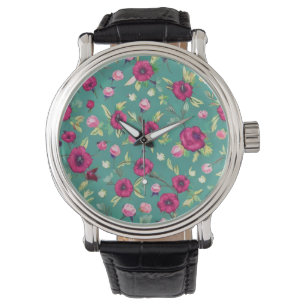 Rote Blume auf grünem Hintergrund Armbanduhr