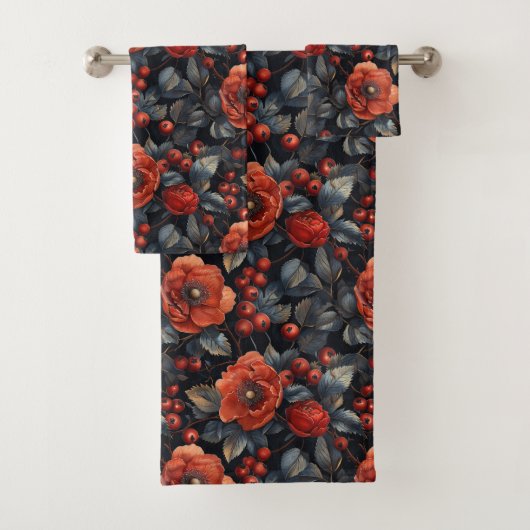 Rote Blume auf schwarz Badhandtuch Set (Insitu)