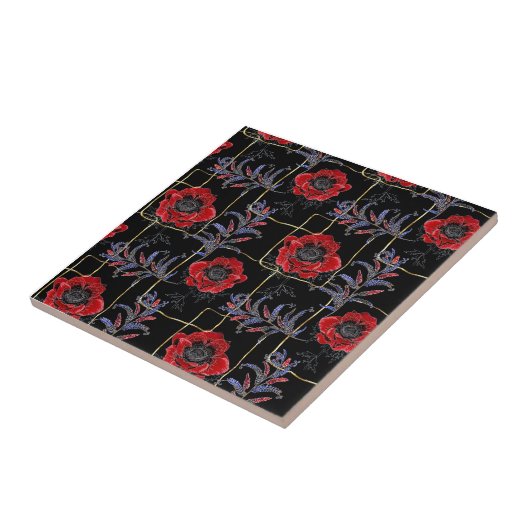 Rote Blume auf schwarz. Fliese (Seite)