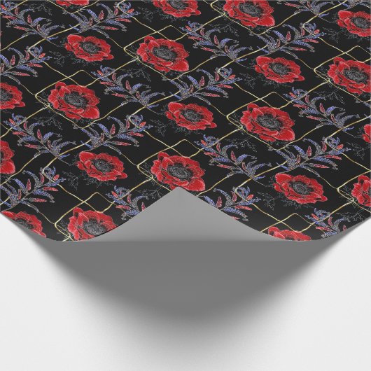 Rote Blume auf schwarz. Geschenkpapier (Ecke)
