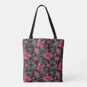 Rote Blume auf schwarz-grauem Hintergrund. Tasche (Rückseite)