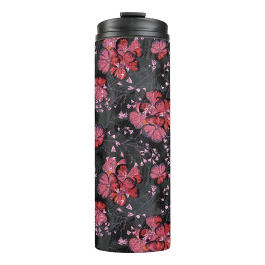 Rote Blume auf schwarz-grauem Hintergrund. Thermosbecher (Vorderseite)