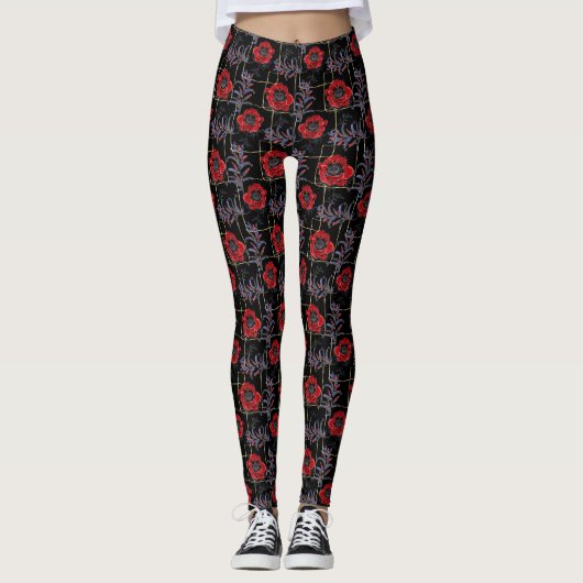 Rote Blume auf schwarz. Leggings (Vorderseite)