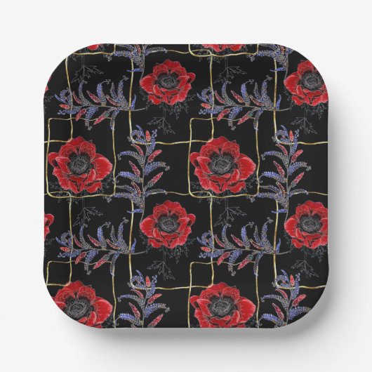 Rote Blume auf schwarz. Pappteller (Vorderseite)