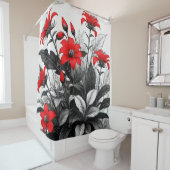 Rote Blume auf Schwarz-weiße Pflanze Duschvorhang (Beispiel)