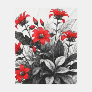 Rote Blume auf Schwarz-weiße Pflanze Fleecedecke