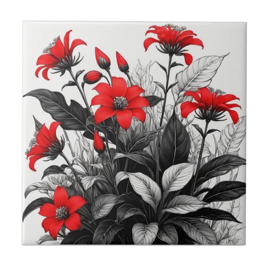 Rote Blume auf Schwarz-weiße Pflanze Fliese (Vorderseite)