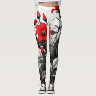 Rote Blume auf Schwarz-weiße Pflanze Leggings