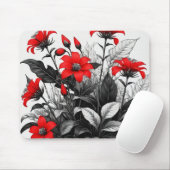 Rote Blume auf Schwarz-weiße Pflanze Mousepad (Mit Mouse)