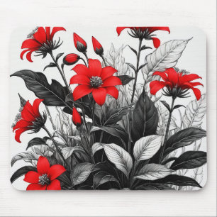 Rote Blume auf Schwarz-weiße Pflanze Mousepad