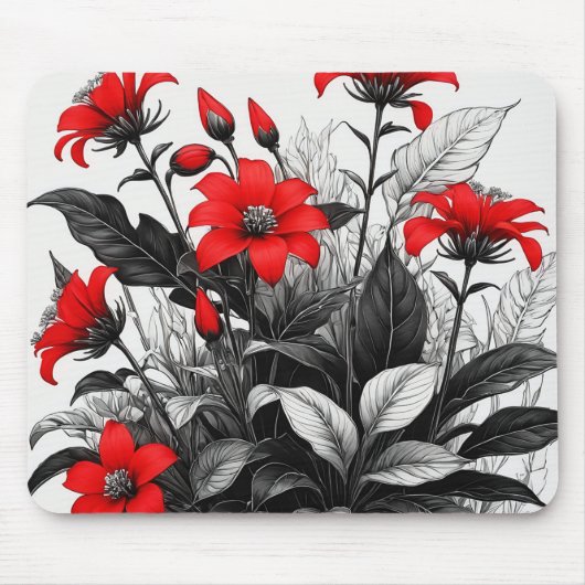 Rote Blume auf Schwarz-weiße Pflanze Mousepad (Vorne)