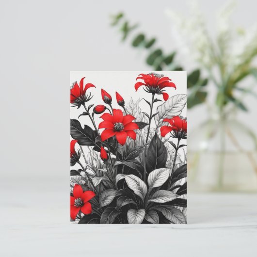 Rote Blume auf Schwarz-weiße Pflanze Postkarte (Stehend Vorderseite)