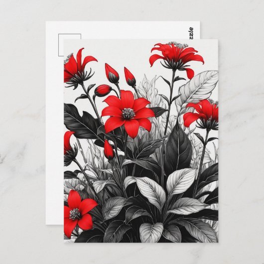 Rote Blume auf Schwarz-weiße Pflanze Postkarte (Vorne/Hinten)