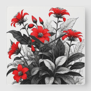 Rote Blume auf Schwarz-weiße Pflanze Quadratische Wanduhr