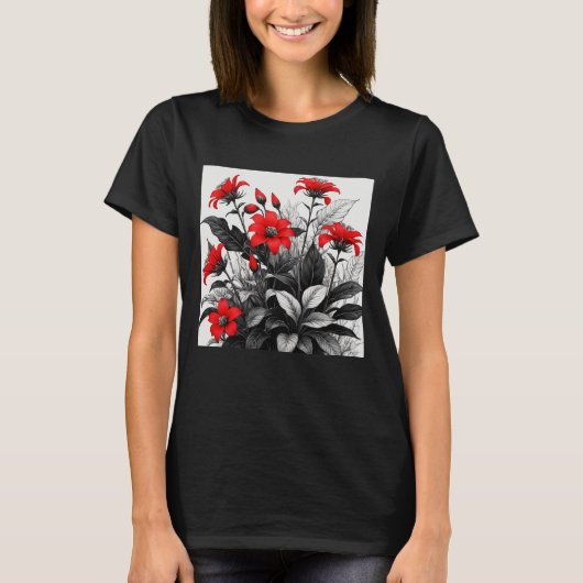 Rote Blume auf Schwarz-weiße Pflanze T-Shirt (Vorderseite)