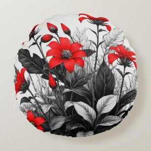 Rote Blume auf schwarz-weißer Pflanze Rundes Kissen