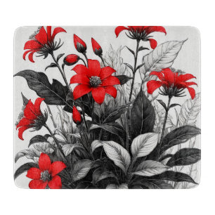 Rote Blume auf schwarz-weißer Pflanze Schneidebrett