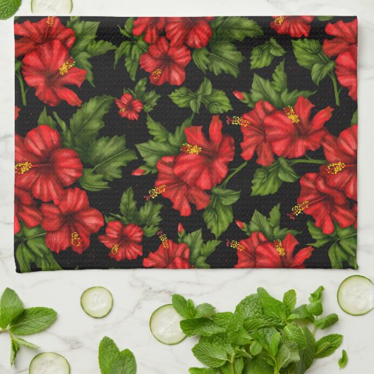 Rote Blume auf schwarzem Hintergrund Geschirrtuch (Gefaltet)
