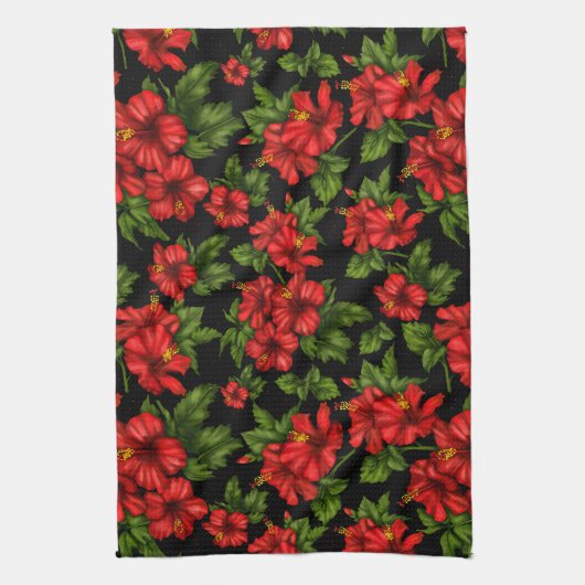 Rote Blume auf schwarzem Hintergrund Geschirrtuch (Vertikal)