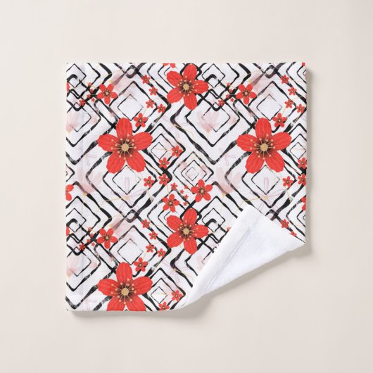 Rote Blume auf weißem, schwarzem Hintergrund. Badhandtuch Set (Waschlappen)