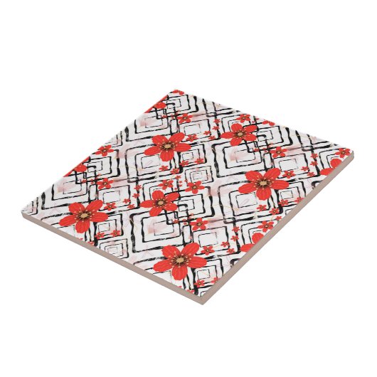 Rote Blume auf weißem, schwarzem Hintergrund. Fliese (Seite)