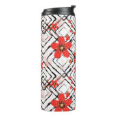 Rote Blume auf weißem, schwarzem Hintergrund. Thermosbecher (Nach links gedreht)