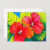 Rote Blume aus hawaiianischem Hibiskus mit grünen Postkarte (Vorne/Hinten)