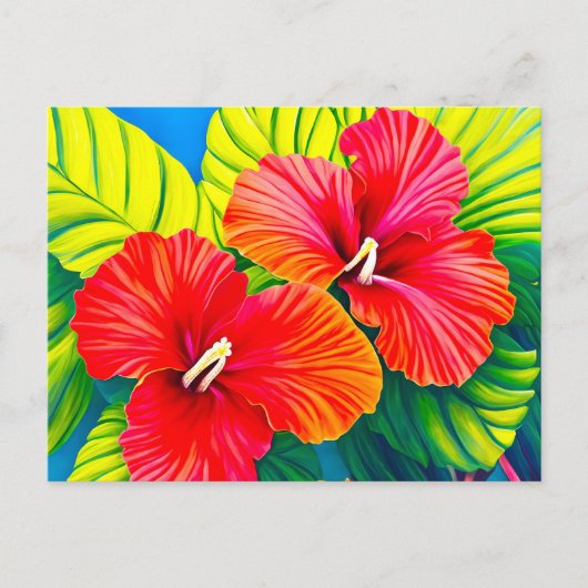 Rote Blume aus hawaiianischem Hibiskus mit grünen Postkarte (Vorderseite)