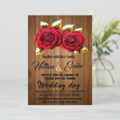 Rote Blume aus rustikalem Holz - romantische Hochz Einladung (Stehend Vorderseite)