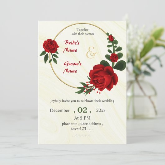 Rote Blume Blattgold-Kranz Einladung (Stehend Vorderseite)