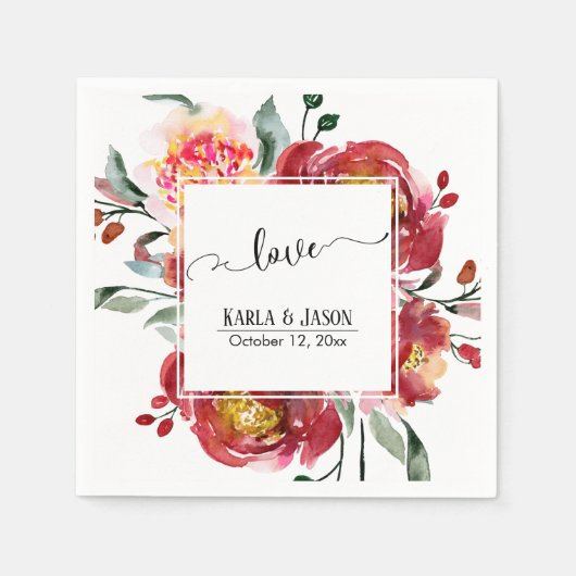 Rote Blume Bouquet mit Liebe-Typografie im wirbeln Serviette (Vorderseite)
