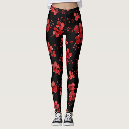Rote Blume Dunkles Muster Leggings (Vorderseite)