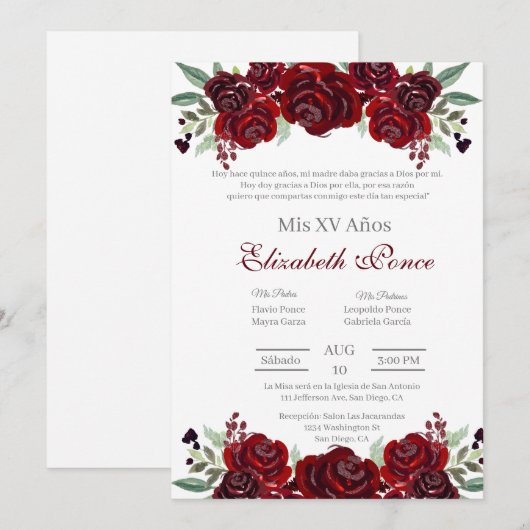 Rote Blume Einladung Quinceanera (Vorne/Hinten)